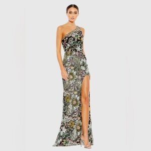 MAC DUGGAL Black Floral Sequined Embroidered One Shoulder Trumpet Gown Size 8